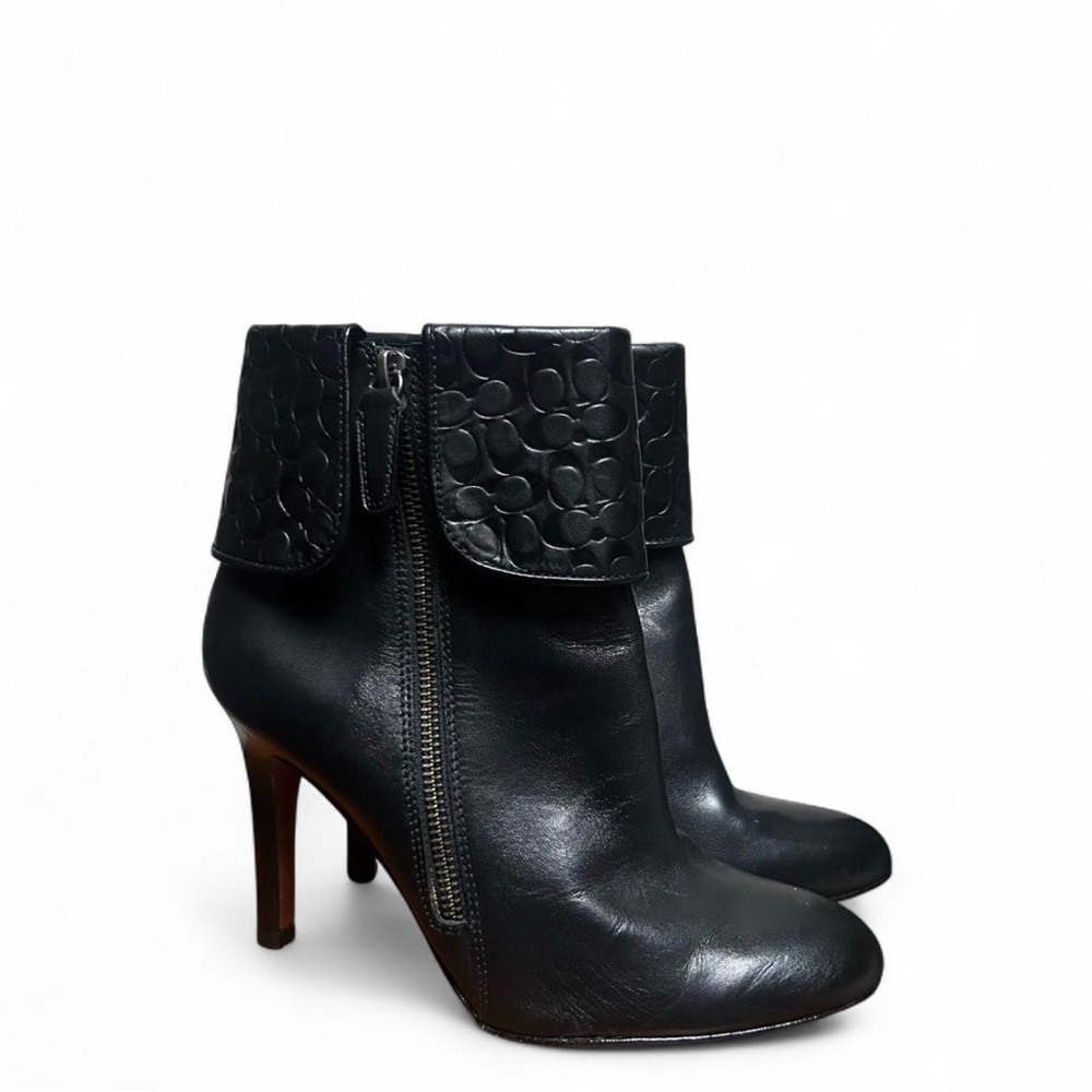 Coach Black Leather Fold-Over Logo Ankle Booties - Picture 3 of 4